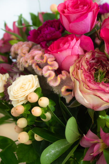 Closeup of pink floral arrangement. Photography by Vibeke Silverthorne, 2023