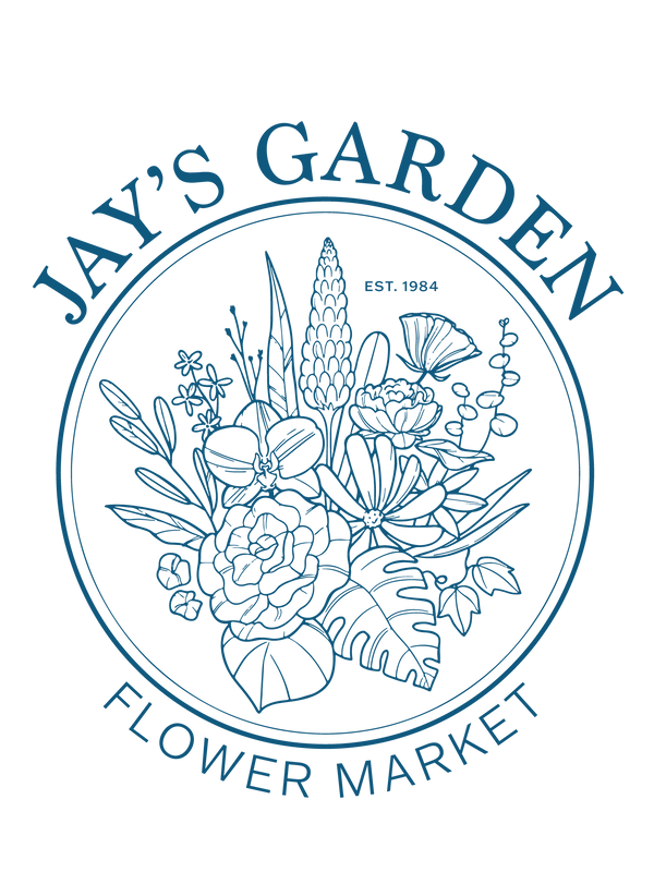 Floral illustration in a circle. Around the image reads: "Jay's Garden", "Flower Market"